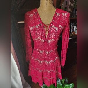 The Wildflower Shop Bright Red Lace-Up Crochet Tunic Dress